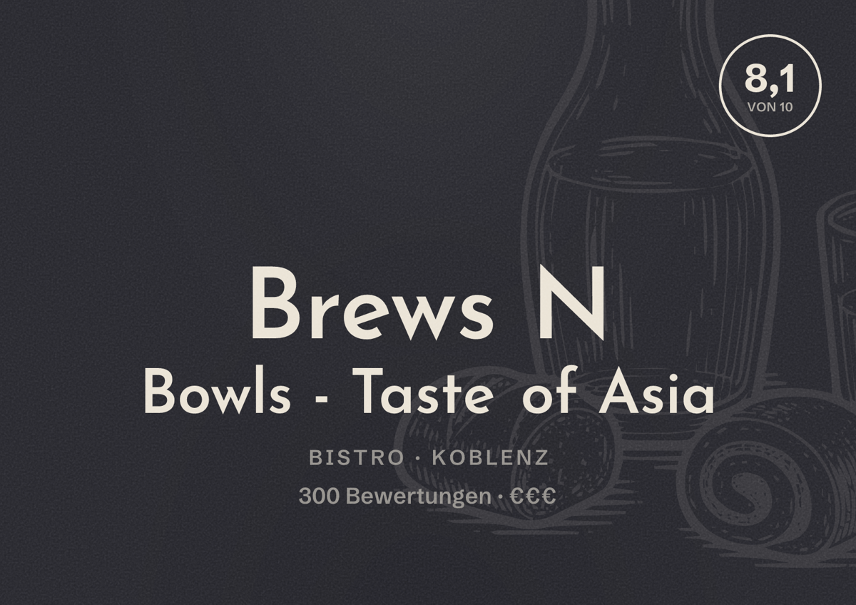 Illustriertes Poster von Brews N Bowls - Taste of Asia, Bistro in Koblenz: Bewertung 8,1 von 10 aus 300 Bewertungen, Preisniveau €€€
