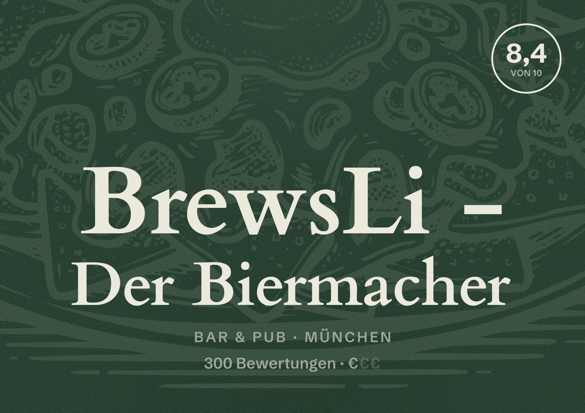 Illustriertes Poster von BrewsLi - Der Biermacher, Bar & Pub in München: Bewertung 8,4 von 10 aus 300 Bewertungen, Preisniveau €