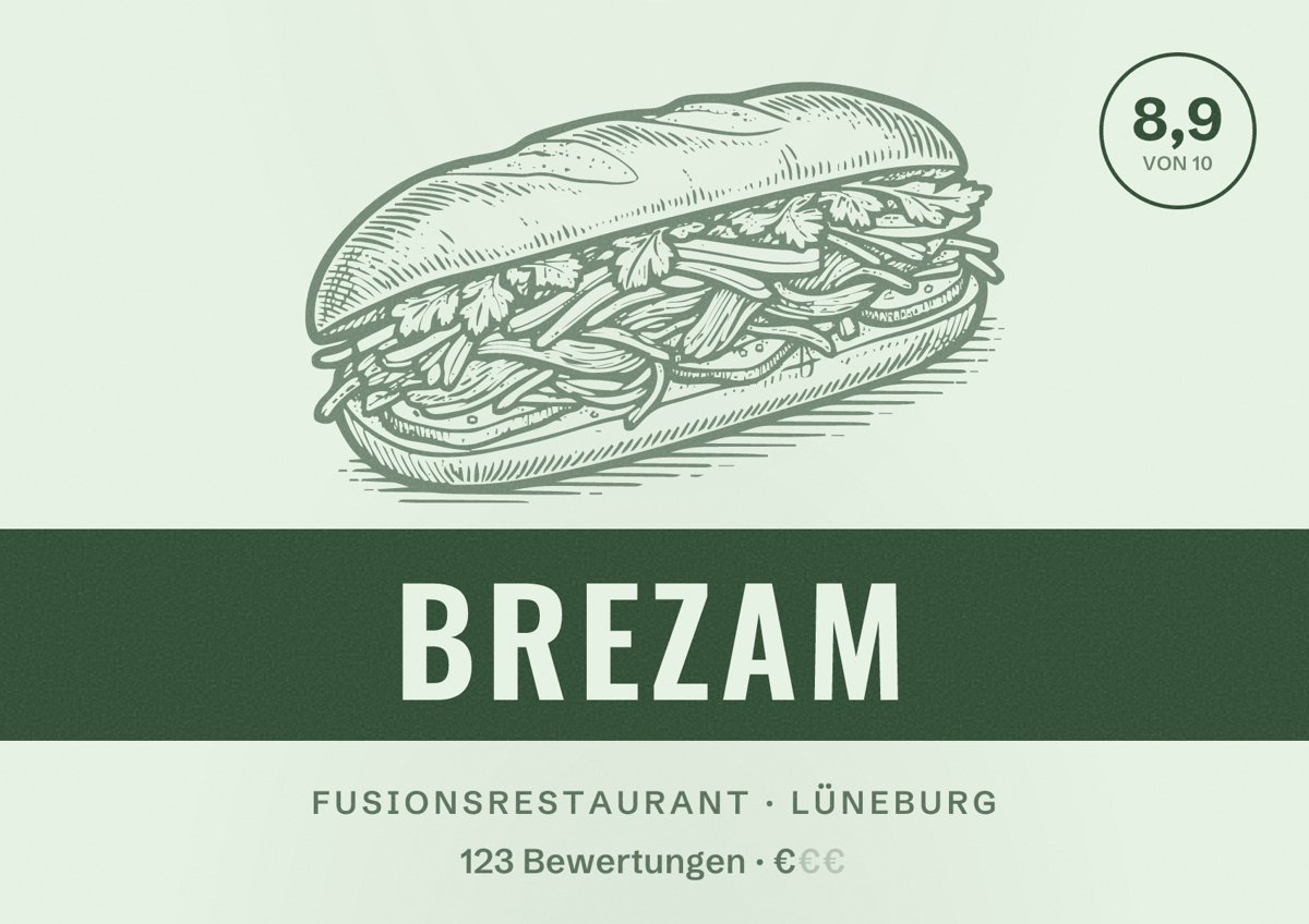 Illustriertes Poster von Brezam, Fusionsrestaurant in Lüneburg: Bewertung 8,9 von 10 aus 123 Bewertungen, Preisniveau €