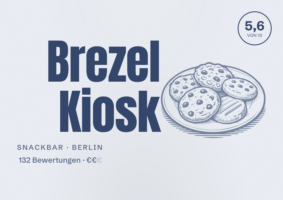 Illustriertes Poster von Brezel Kiosk, Snackbar in Berlin: Bewertung 5,6 von 10 aus 132 Bewertungen, Preisniveau €€