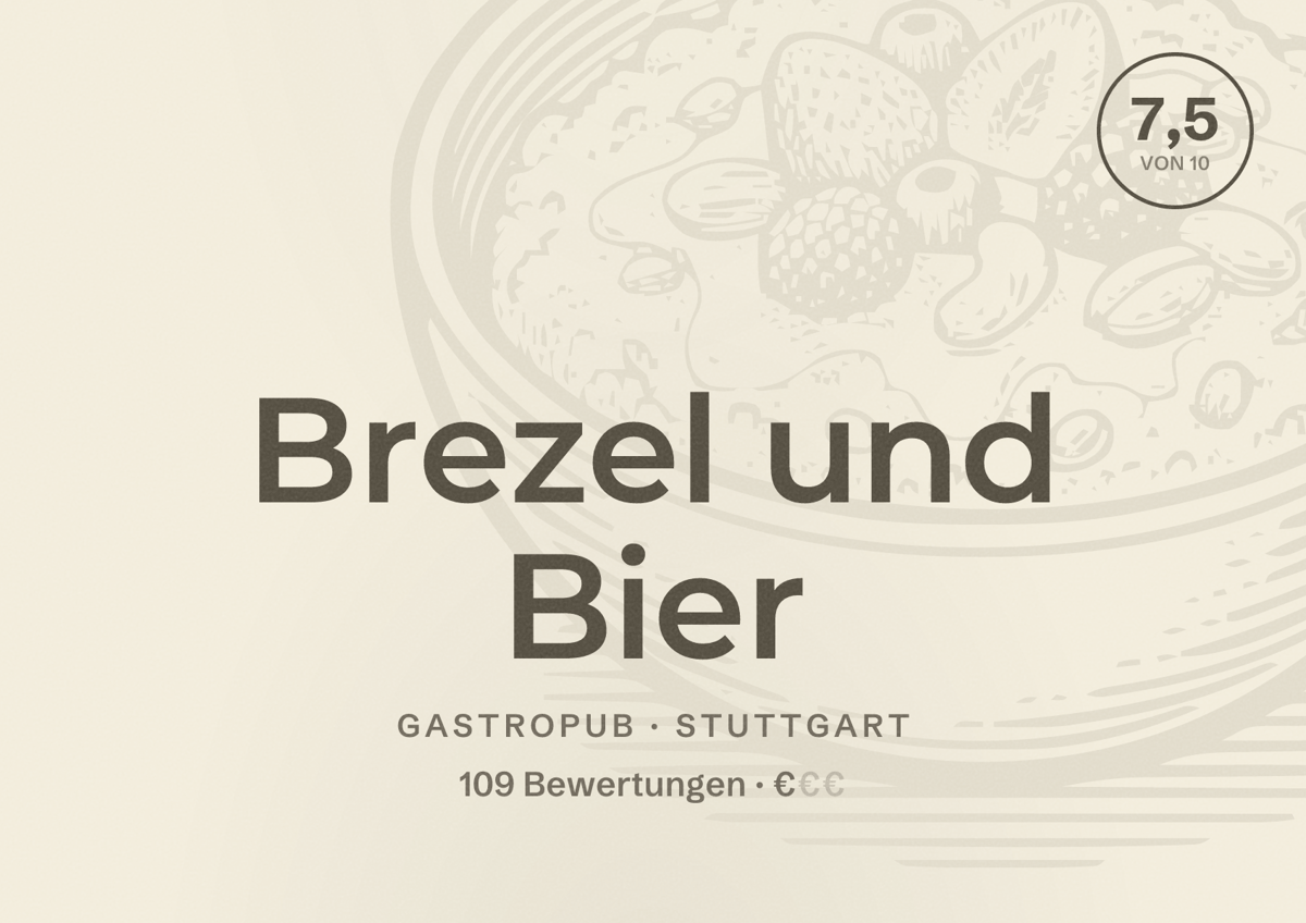 Illustriertes Poster von Brezel und Bier, Gastropub in Stuttgart: Bewertung 7,5 von 10 aus 109 Bewertungen, Preisniveau €
