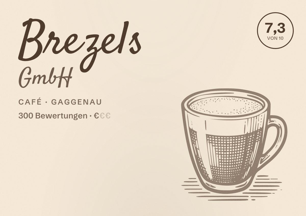 Illustriertes Poster von Brezels GmbH, Café in Gaggenau: Bewertung 7,3 von 10 aus 300 Bewertungen, Preisniveau €