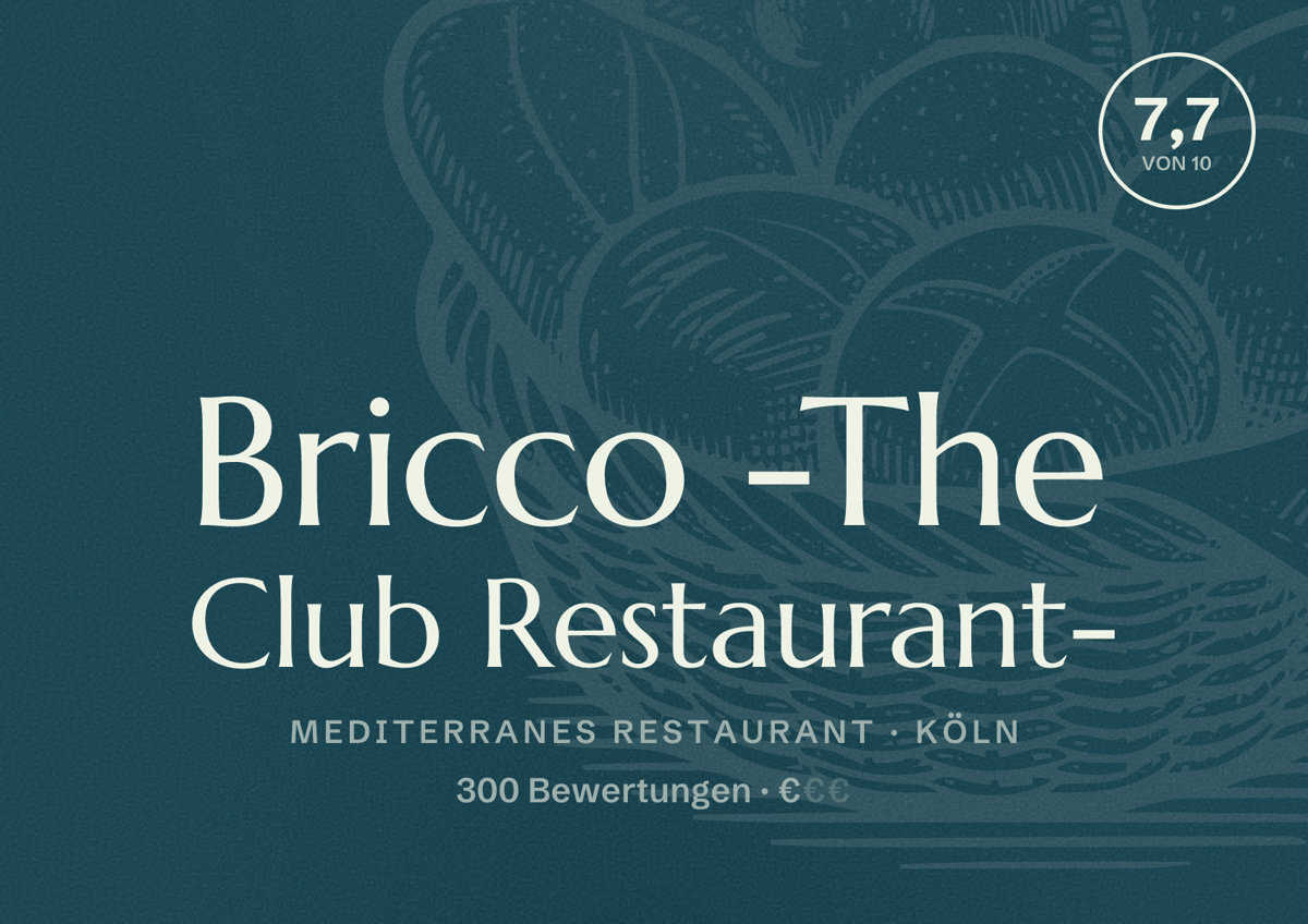 Illustriertes Poster von Bricco -The Club Restaurant-, Mediterranes Restaurant in Köln: Bewertung 7,7 von 10 aus 300 Bewertungen, Preisniveau €