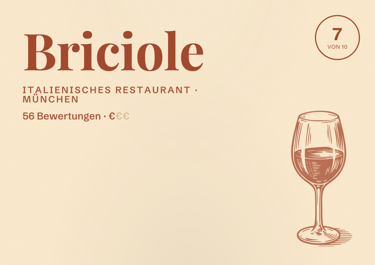 Illustriertes Poster von Briciole, Italienisches Restaurant in München: Bewertung 7,0 von 10 aus 56 Bewertungen, Preisniveau €