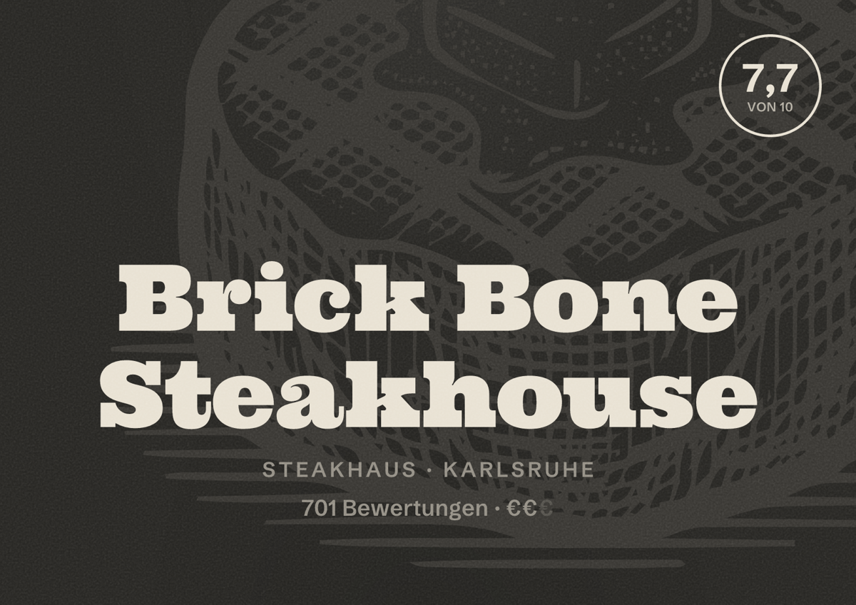 Illustriertes Poster von Brick Bone Steakhouse, Steakhaus in Karlsruhe: Bewertung 7,7 von 10 aus 701 Bewertungen, Preisniveau €€