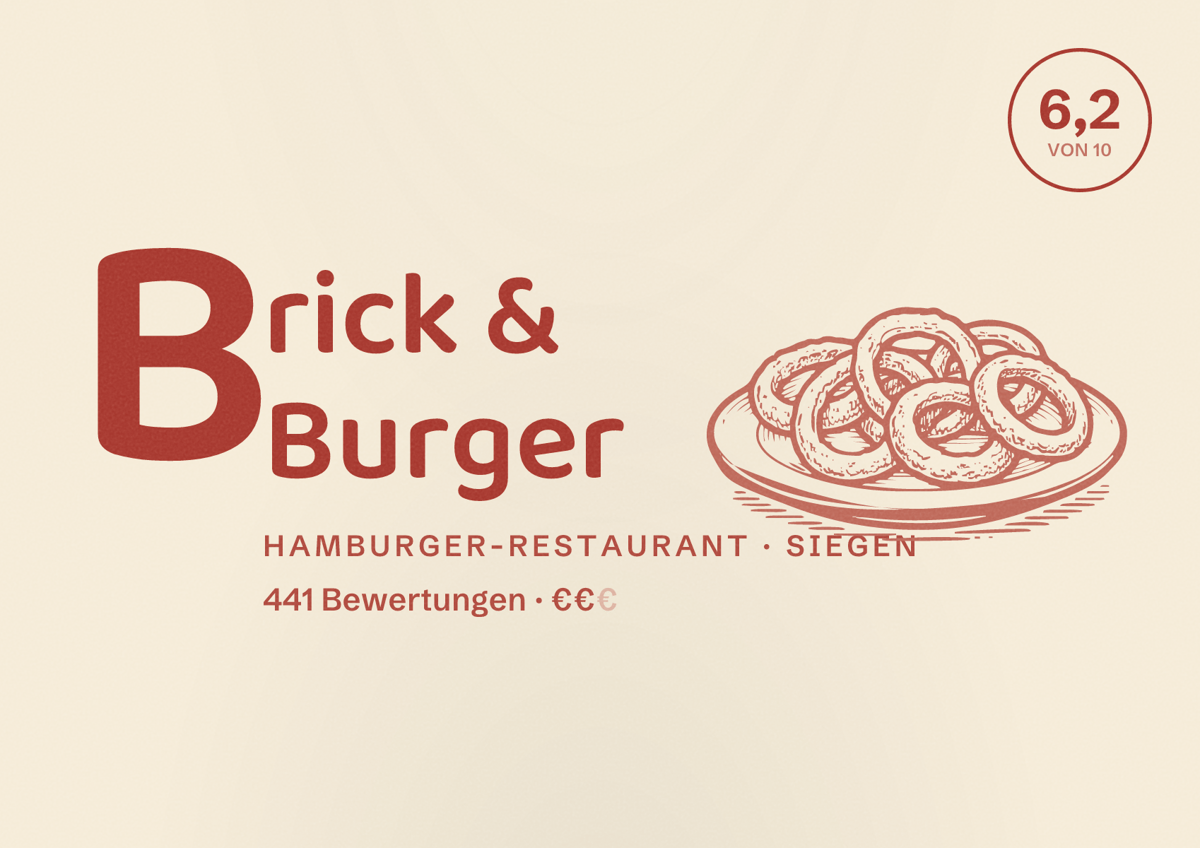 Illustriertes Poster von Brick & Burger, Hamburger-Restaurant in Siegen: Bewertung 6,2 von 10 aus 441 Bewertungen, Preisniveau €€