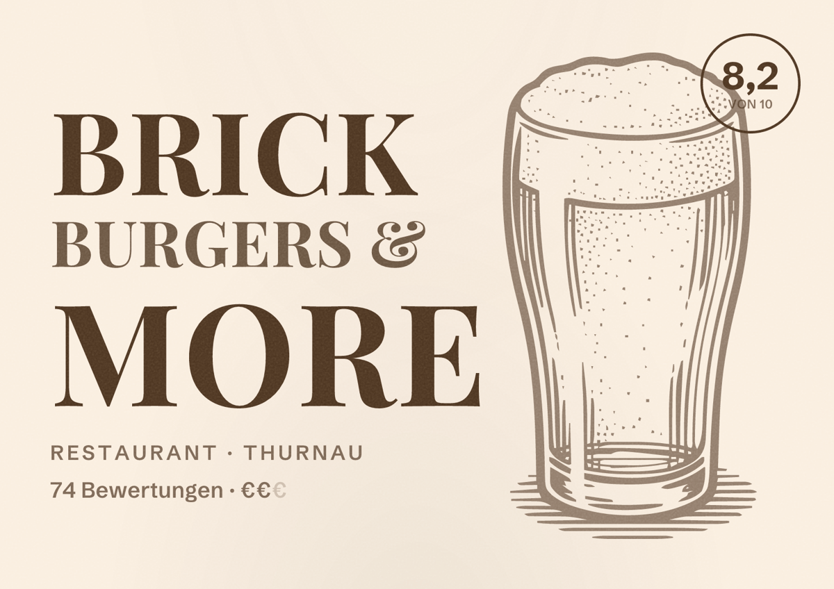 Illustriertes Poster von BRICK Burgers & More, Restaurant in Thurnau: Bewertung 8,2 von 10 aus 74 Bewertungen, Preisniveau €€
