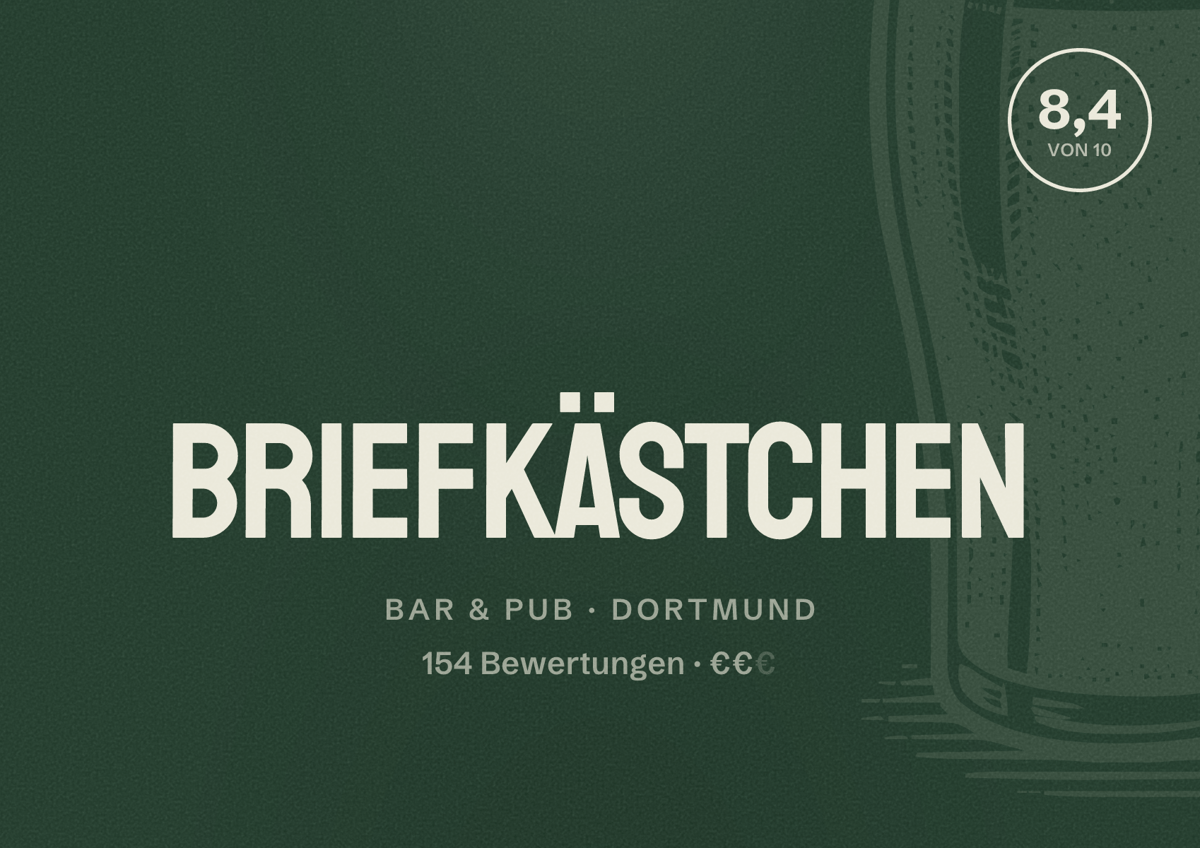 Illustriertes Poster von Briefkästchen, Bar & Pub in Dortmund: Bewertung 8,4 von 10 aus 154 Bewertungen, Preisniveau €€