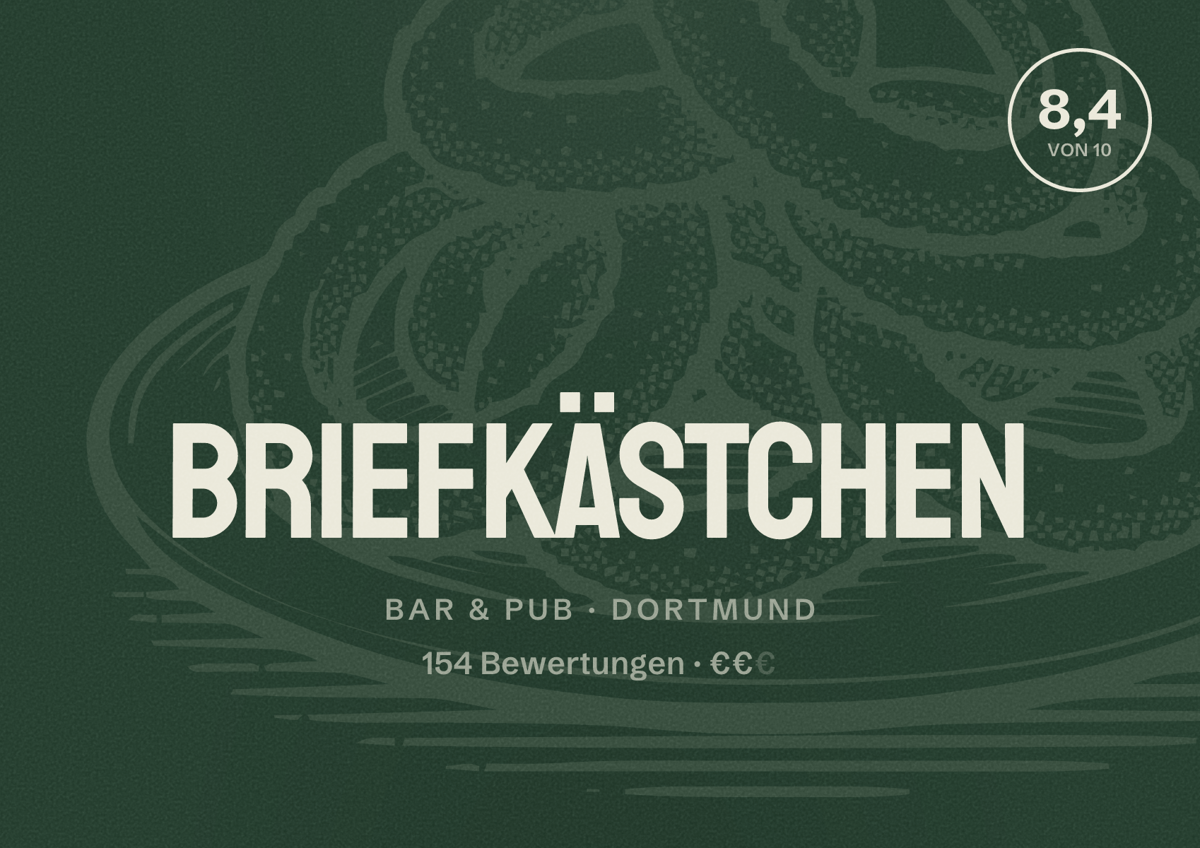 Illustriertes Poster von Briefkästchen, Bar & Pub in Dortmund: Gästebewertung 8,3 von 10 aus 154 Bewertungen