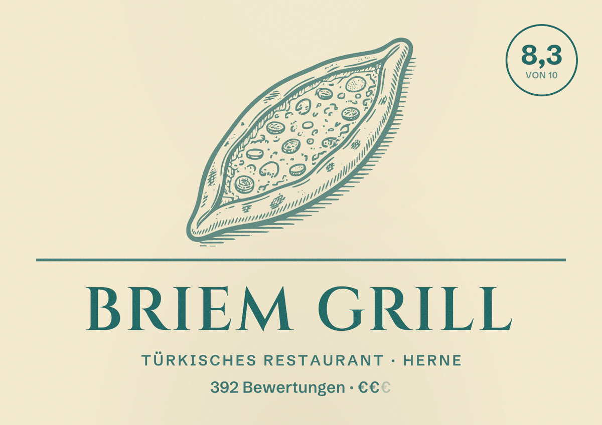Illustriertes Poster von Briem Grill, Türkisches Restaurant in Herne: Bewertung 8,3 von 10 aus 392 Bewertungen, Preisniveau €€