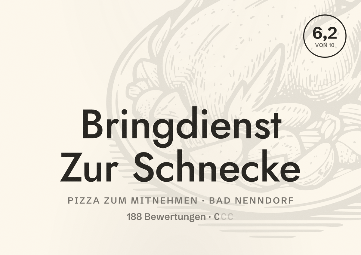 Illustriertes Poster von Bringdienst Zur Schnecke, Pizza zum Mitnehmen in Bad Nenndorf: Bewertung 6,2 von 10 aus 188 Bewertungen, Preisniveau €