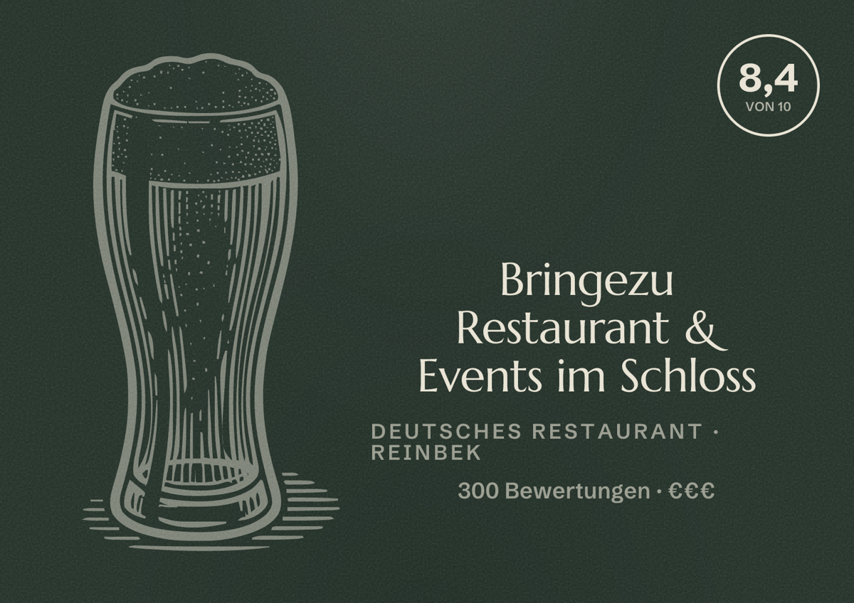 Illustriertes Poster von Bringezu Restaurant & Events im Schloss, Deutsches Restaurant in Reinbek: Bewertung 8,4 von 10 aus 300 Bewertungen, Preisniveau €€€