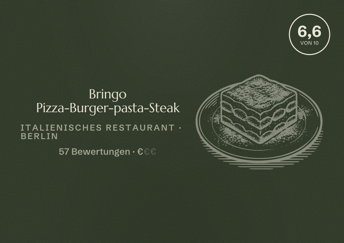 Illustriertes Poster von Bringo Pizza-Burger-pasta-Steak, Italienisches Restaurant in Berlin: Bewertung 6,6 von 10 aus 57 Bewertungen, Preisniveau €