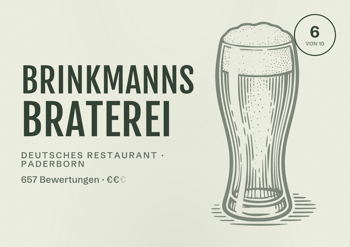 Illustriertes Poster von Brinkmanns Braterei, Deutsches Restaurant in Paderborn: Bewertung 6,0 von 10 aus 657 Bewertungen, Preisniveau €€