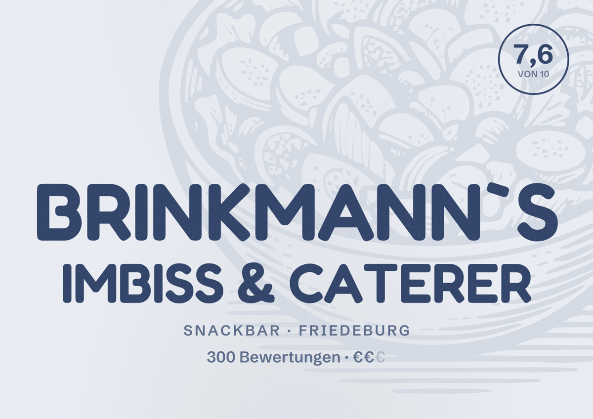 Illustriertes Poster von BRINKMANN`S IMBISS & CATERER, Snackbar in Friedeburg: Bewertung 7,6 von 10 aus 300 Bewertungen, Preisniveau €€