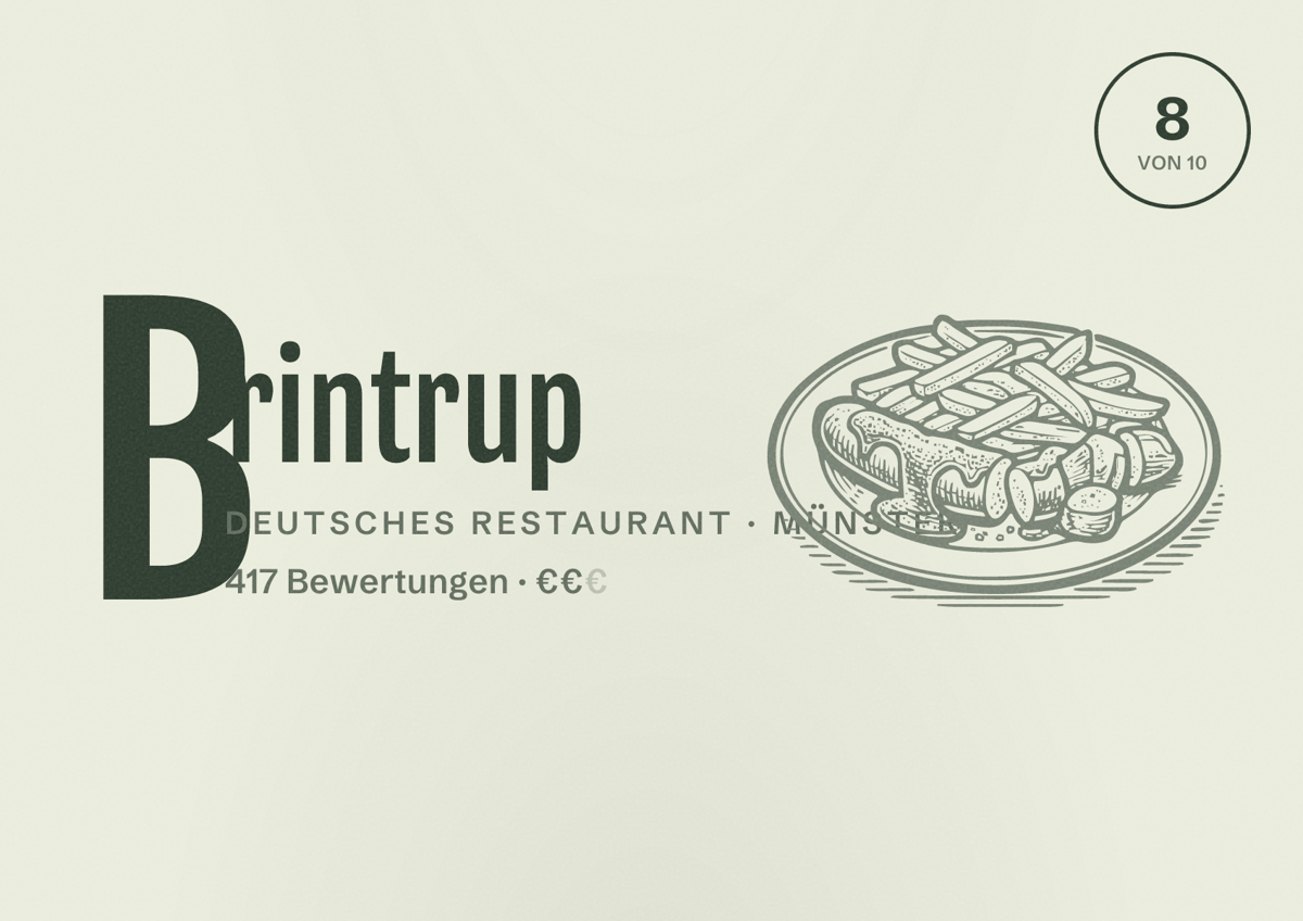 Illustriertes Poster von Brintrup, Deutsches Restaurant in Münster: Bewertung 8 von 10 aus 417 Bewertungen, Preisniveau €€
