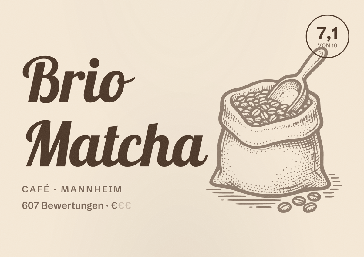 Illustriertes Poster von Brio Matcha, Café in Mannheim: Bewertung 7,1 von 10 aus 607 Bewertungen, Preisniveau €