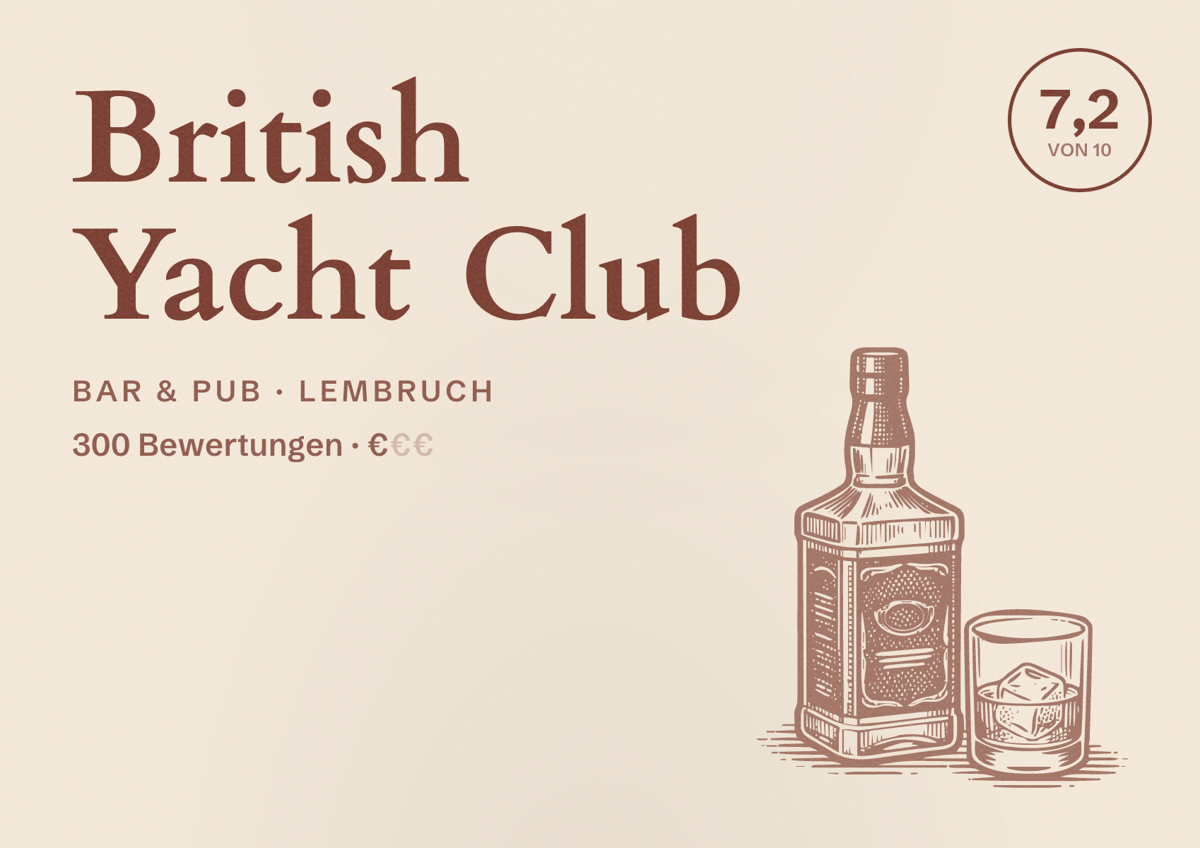 Illustriertes Poster von British Yacht Club, Bar & Pub in Lembruch: Bewertung 7,2 von 10 aus 300 Bewertungen, Preisniveau €