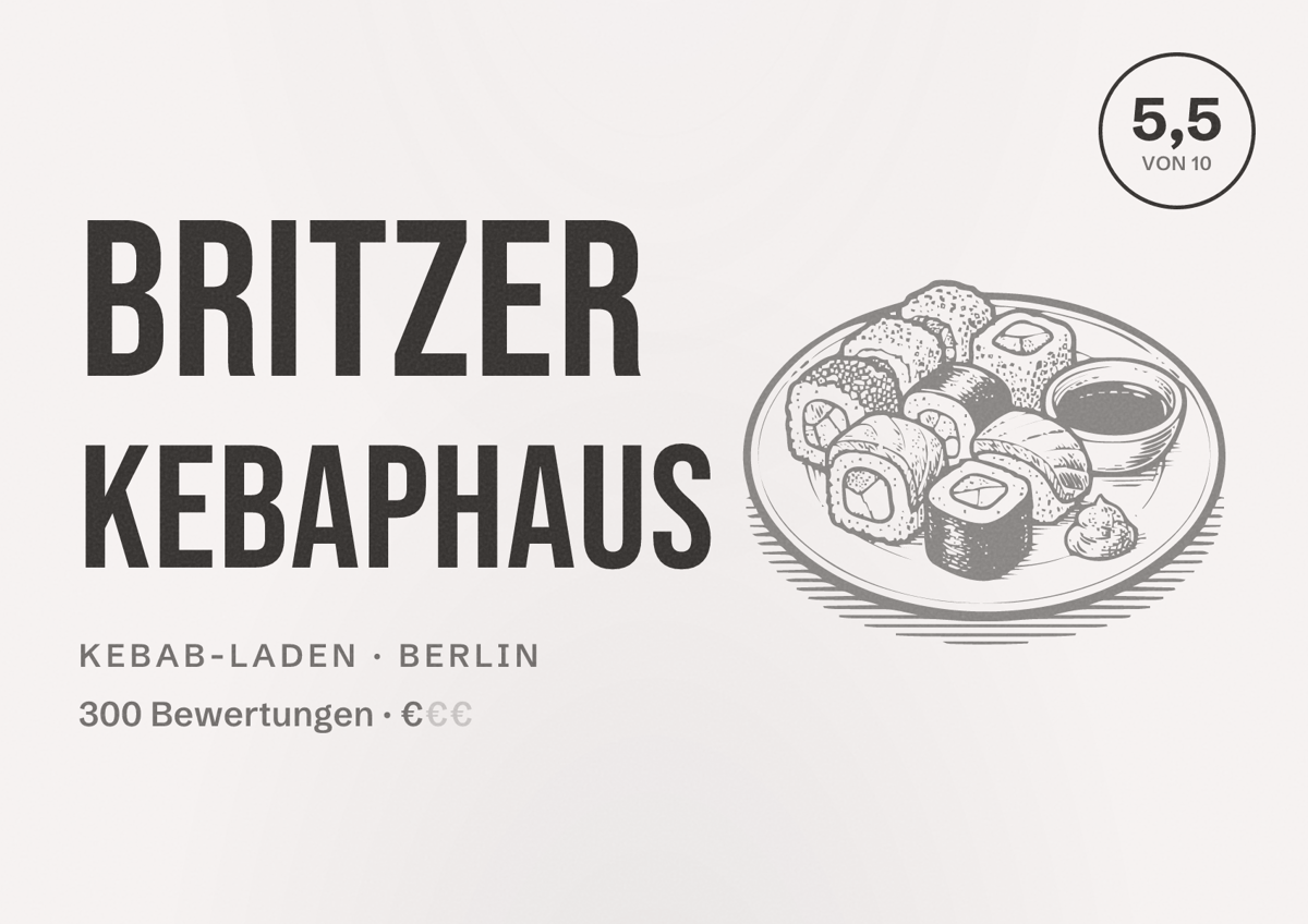 Illustriertes Poster von Britzer Kebaphaus, Kebab-Laden in Berlin: Bewertung 5,5 von 10 aus 300 Bewertungen, Preisniveau €
