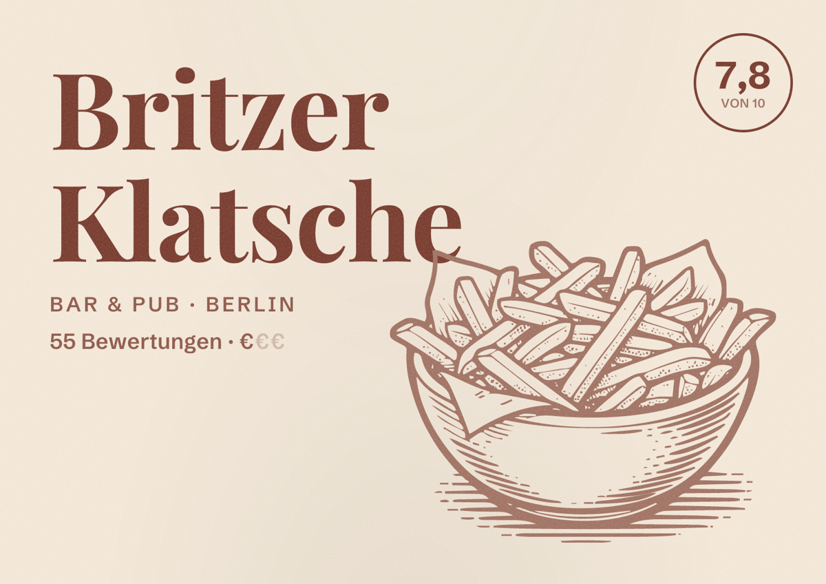 Illustriertes Poster von Britzer Klatsche, Bar & Pub in Berlin: Bewertung 7,8 von 10 aus 55 Bewertungen, Preisniveau €