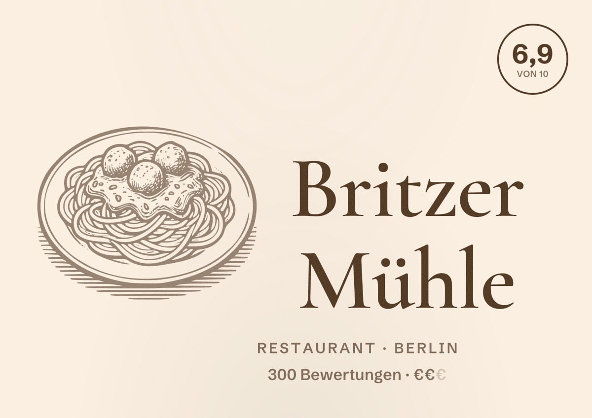 Illustriertes Poster von Britzer Mühle, Restaurant in Berlin: Bewertung 6,9 von 10 aus 300 Bewertungen, Preisniveau €€