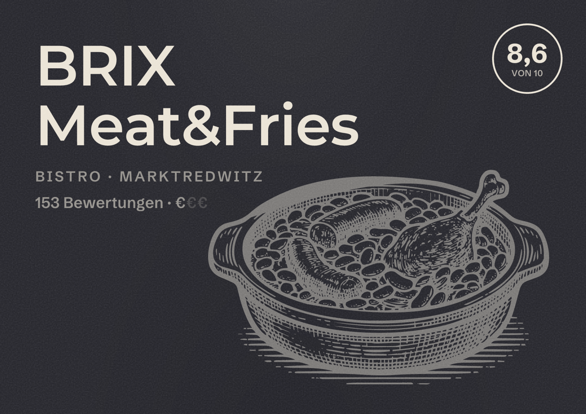 Illustriertes Poster von BRIX Meat&Fries, Bistro in Marktredwitz: Bewertung 8,6 von 10 aus 153 Bewertungen, Preisniveau €