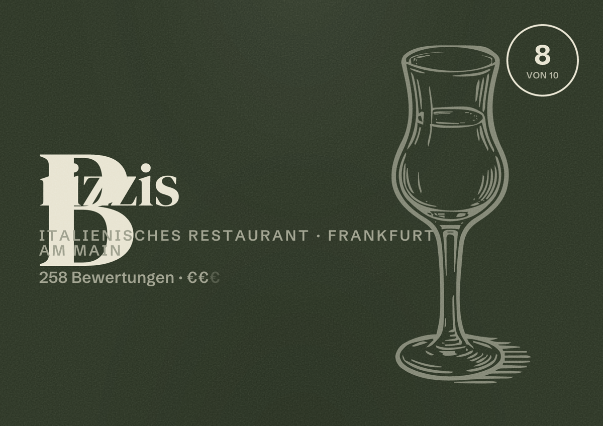 Illustriertes Poster von Brizzis, Italienisches Restaurant in Frankfurt am Main: Bewertung 8 von 10 aus 258 Bewertungen, Preisniveau €€
