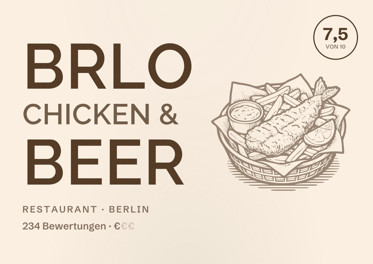 Illustriertes Poster von BRLO Chicken & Beer, Restaurant in Berlin: Bewertung 7,5 von 10 aus 234 Bewertungen, Preisniveau €