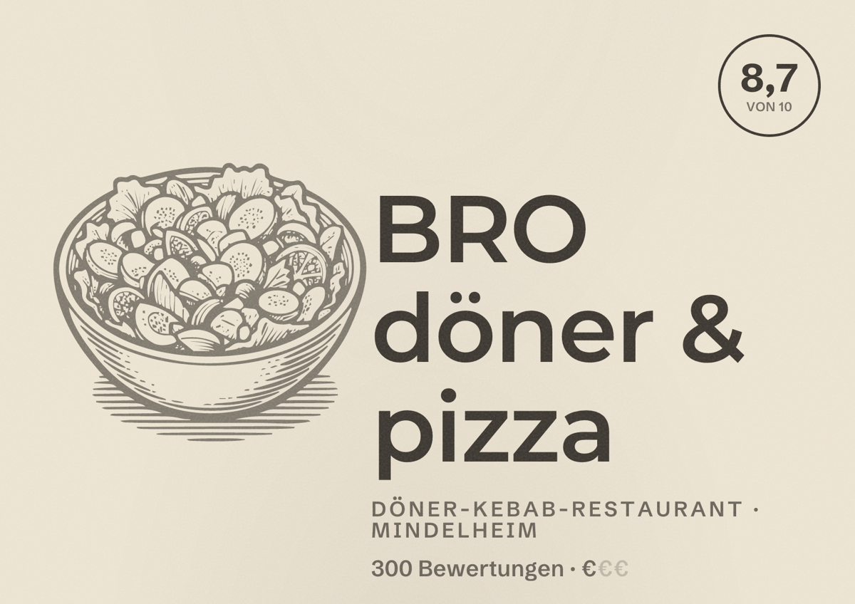 Illustriertes Poster von BRO döner & pizza, Döner-Kebab-Restaurant in Mindelheim: Bewertung 8,7 von 10 aus 300 Bewertungen, Preisniveau €