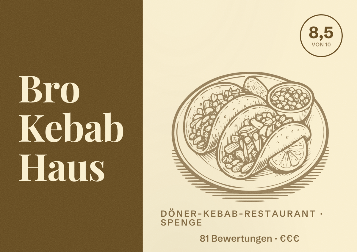 Illustriertes Poster von Bro Kebab Haus, Döner-Kebab-Restaurant in Spenge: Bewertung 8,5 von 10 aus 81 Bewertungen, Preisniveau €€€
