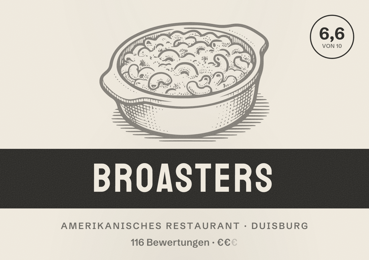 Illustriertes Poster von Broasters, Amerikanisches Restaurant in Duisburg: Bewertung 6,6 von 10 aus 116 Bewertungen, Preisniveau €€