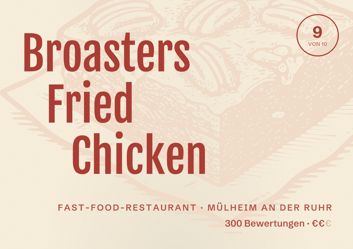Illustriertes Poster von Broasters Fried Chicken, Fast-Food-Restaurant in Mülheim an der Ruhr: Bewertung 9 von 10 aus 300 Bewertungen, Preisniveau €€