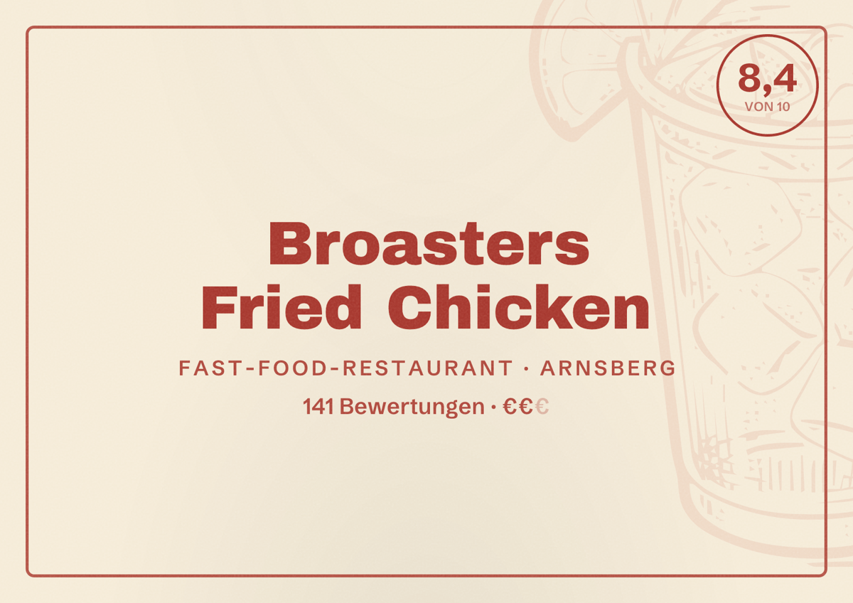 Illustriertes Poster von Broasters Fried Chicken, Fast-Food-Restaurant in Arnsberg: Bewertung 8,4 von 10 aus 141 Bewertungen, Preisniveau €€