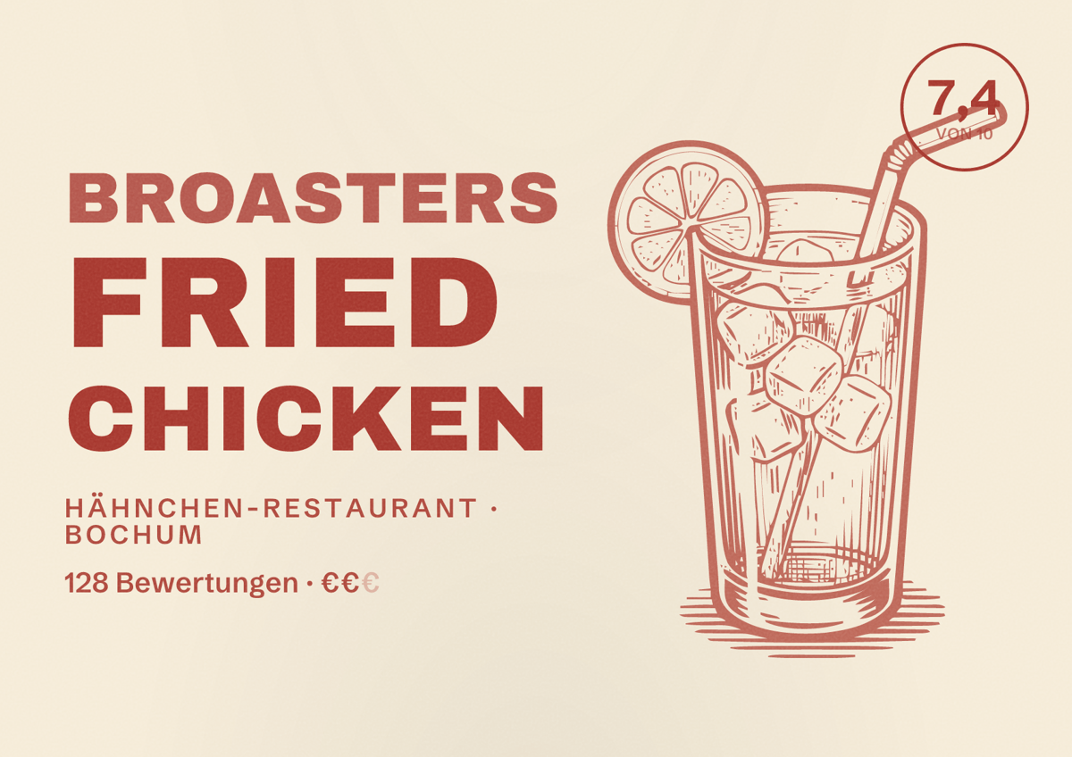Illustriertes Poster von Broasters Fried chicken, Hähnchen-Restaurant in Bochum: Bewertung 7,4 von 10 aus 128 Bewertungen, Preisniveau €€