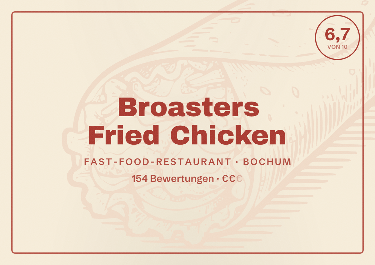 Illustriertes Poster von Broasters Fried Chicken, Fast-Food-Restaurant in Bochum: Gästebewertung 6,7 von 10 aus 154 Bewertungen