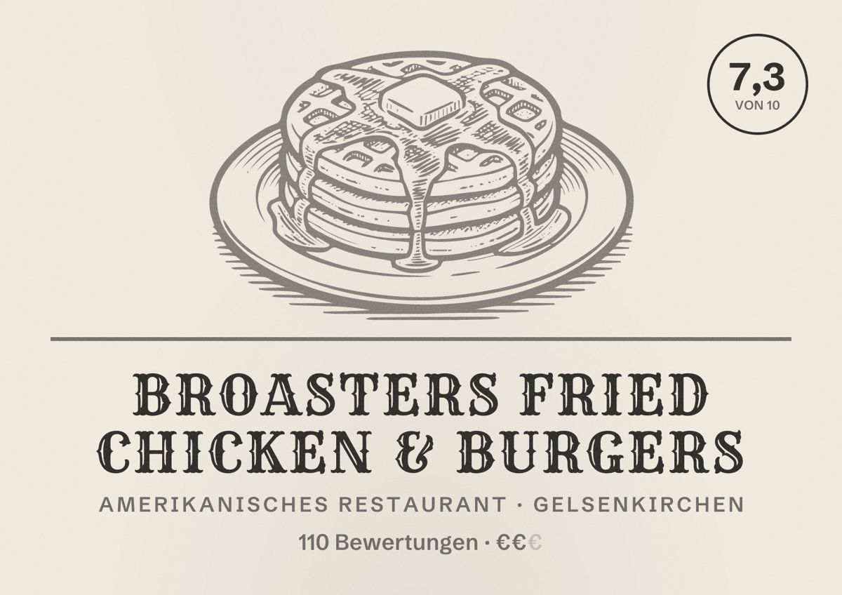 Illustriertes Poster von Broasters Fried Chicken & Burgers, Amerikanisches Restaurant in Gelsenkirchen: Bewertung 7,3 von 10 aus 110 Bewertungen, Preisniveau €€