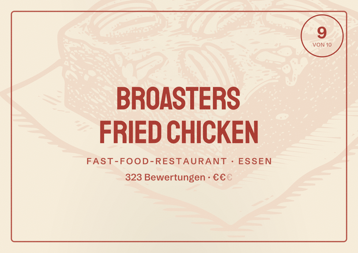 Illustriertes Poster von Broasters Fried Chicken, Fast-Food-Restaurant in Essen: Bewertung 9 von 10 aus 323 Bewertungen, Preisniveau €€