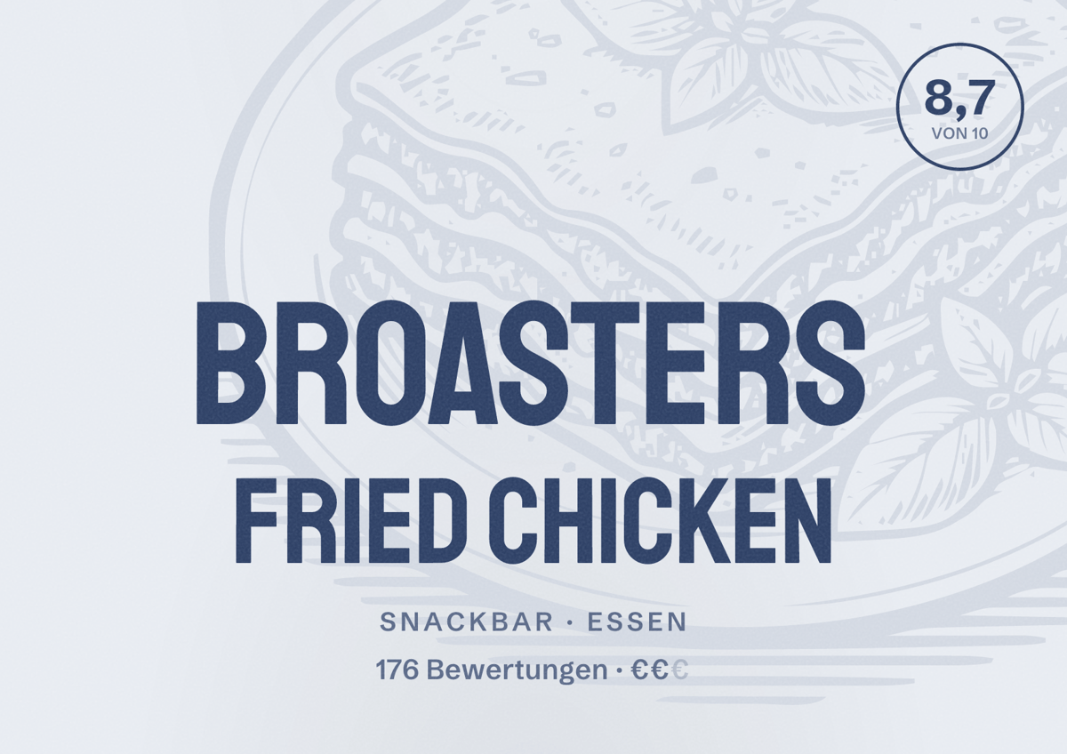 Illustriertes Poster von Broasters Fried Chicken, Snackbar in Essen: Bewertung 8,7 von 10 aus 176 Bewertungen, Preisniveau €€