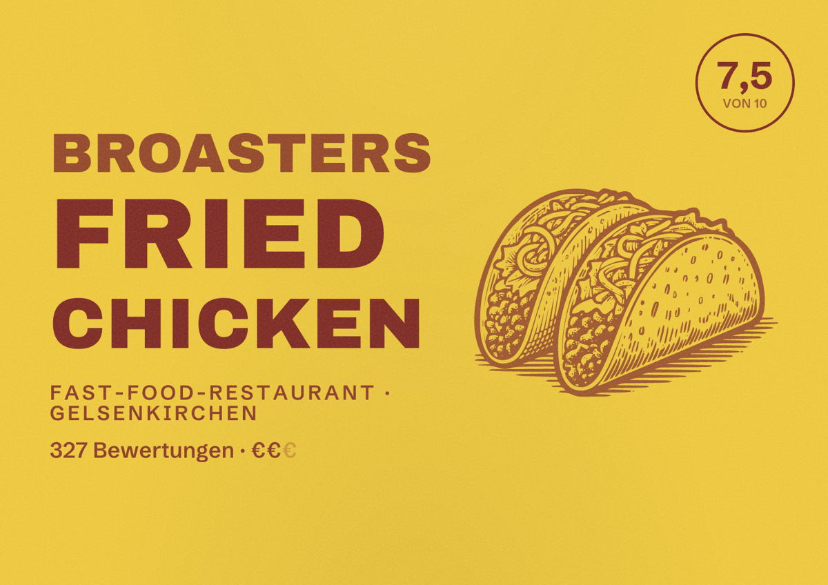 Illustriertes Poster von Broasters Fried Chicken, Fast-Food-Restaurant in Gelsenkirchen: Bewertung 7,5 von 10 aus 327 Bewertungen, Preisniveau €€