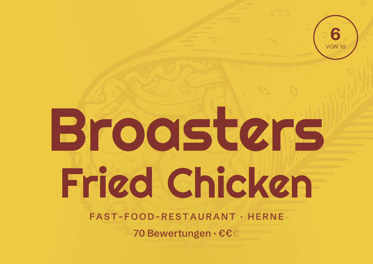 Illustriertes Poster von Broasters Fried Chicken, Fast-Food-Restaurant in Herne: Bewertung 6 von 10 aus 70 Bewertungen, Preisniveau €€