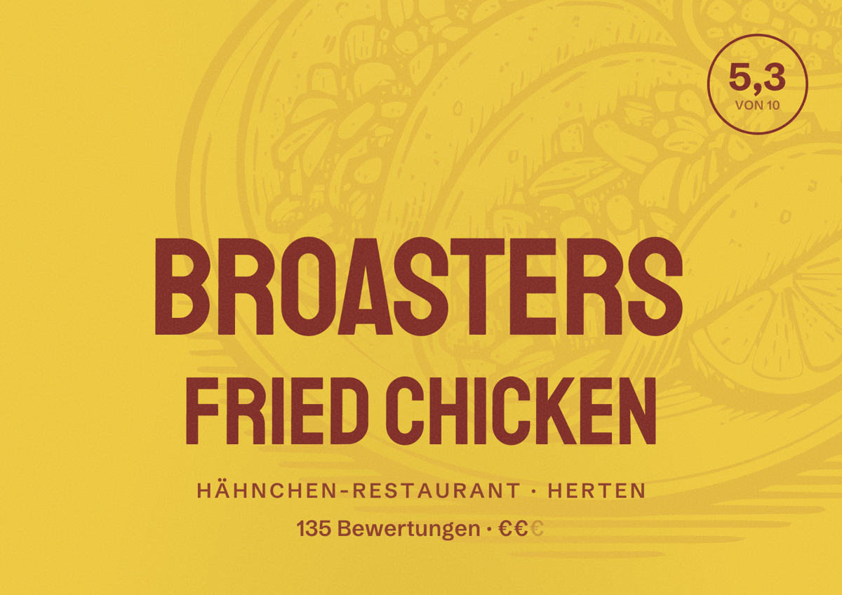 Illustriertes Poster von Broasters Fried Chicken, Hähnchen-Restaurant in Herten: Bewertung 5,3 von 10 aus 135 Bewertungen, Preisniveau €€