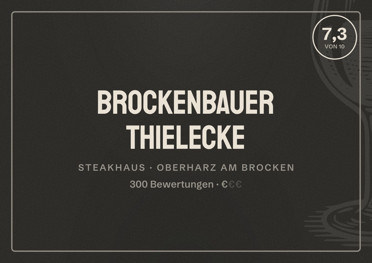 Illustriertes Poster von Brockenbauer Thielecke, Steakhaus in Oberharz am Brocken: Bewertung 7,3 von 10 aus 300 Bewertungen, Preisniveau €
