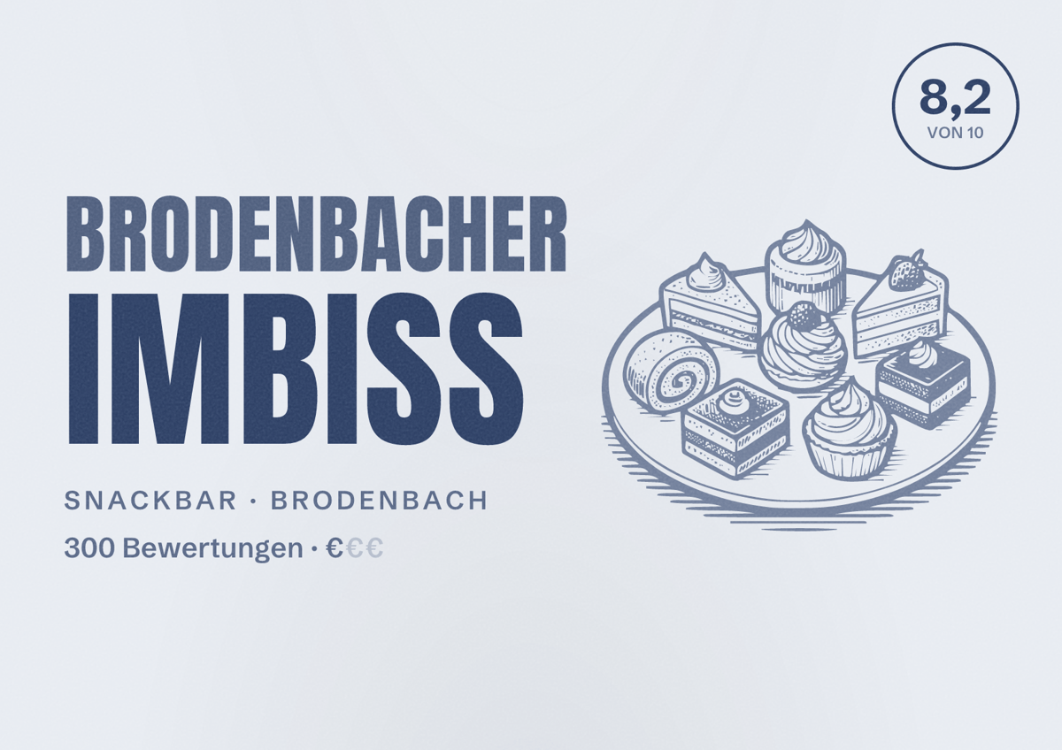 Illustriertes Poster von Brodenbacher Imbiss, Snackbar in Brodenbach: Bewertung 8,2 von 10 aus 300 Bewertungen, Preisniveau €
