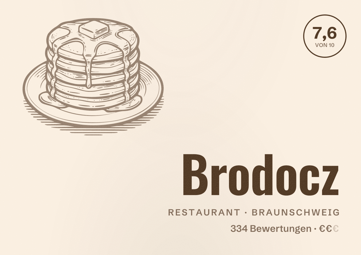 Illustriertes Poster von Brodocz, Restaurant in Braunschweig: Bewertung 7,6 von 10 aus 334 Bewertungen, Preisniveau €€