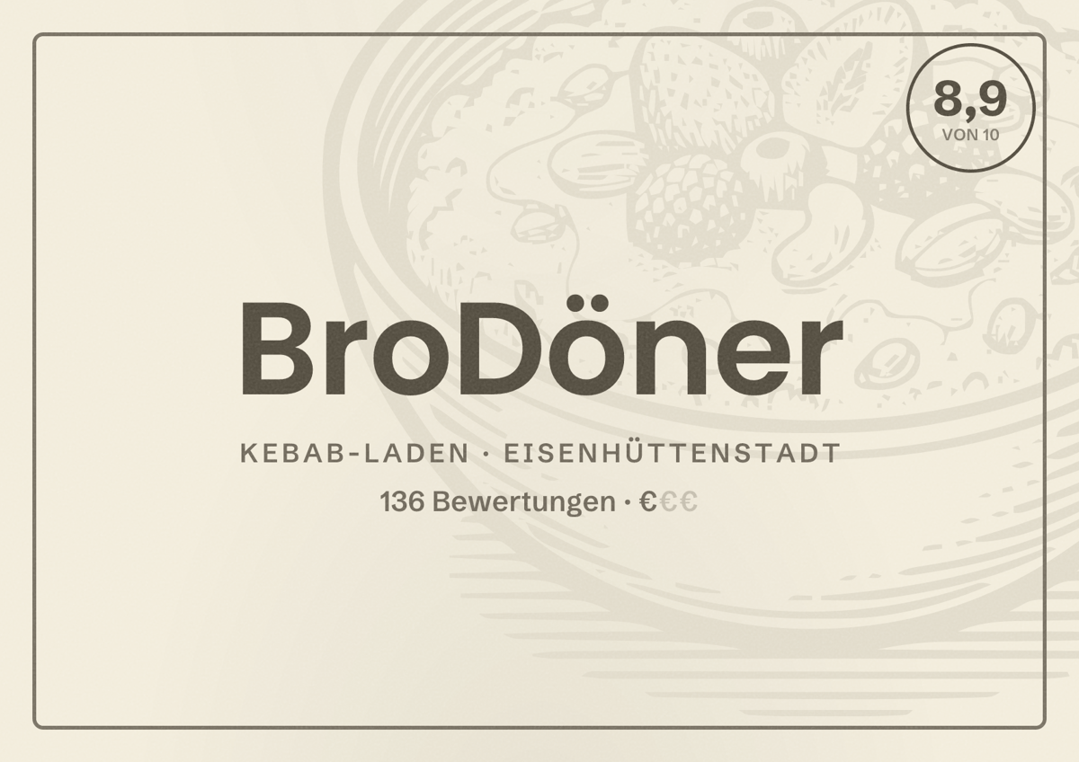 Illustriertes Poster von BroDöner, Kebab-Laden in Eisenhüttenstadt: Bewertung 8,9 von 10 aus 136 Bewertungen, Preisniveau €