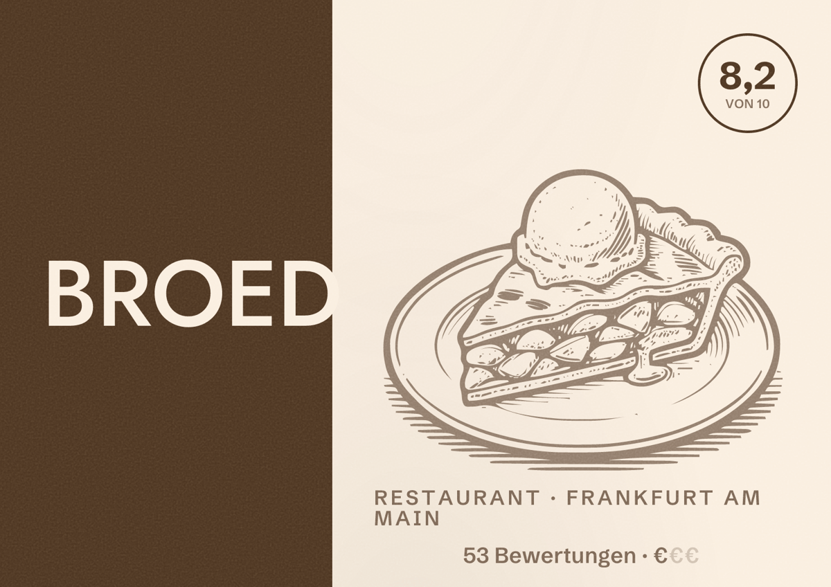 Illustriertes Poster von BROED, Restaurant in Frankfurt am Main: Bewertung 8,2 von 10 aus 53 Bewertungen, Preisniveau €