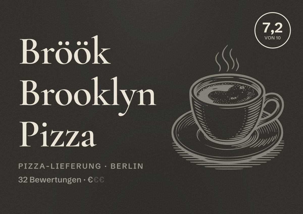 Illustriertes Poster von Bröök Brooklyn Pizza, Pizza-Lieferung in Berlin: Bewertung 7,2 von 10 aus 32 Bewertungen, Preisniveau €