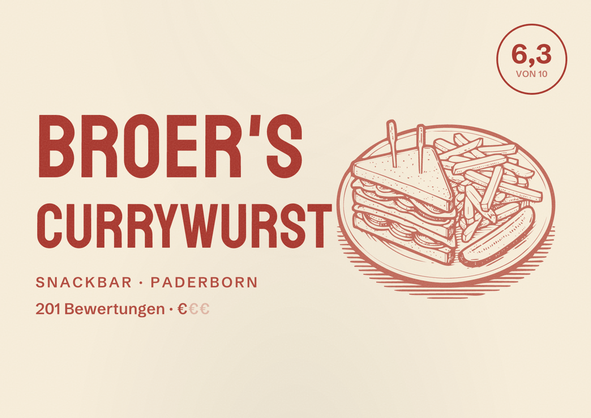 Illustriertes Poster von Broer's Currywurst, Snackbar in Paderborn: Bewertung 6,3 von 10 aus 201 Bewertungen, Preisniveau €