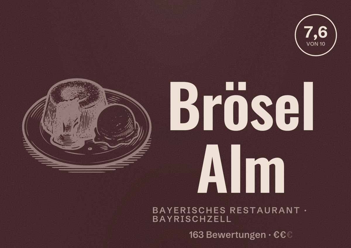 Illustriertes Poster von Brösel Alm, Bayerisches Restaurant in Bayrischzell: Bewertung 7,6 von 10 aus 163 Bewertungen, Preisniveau €€