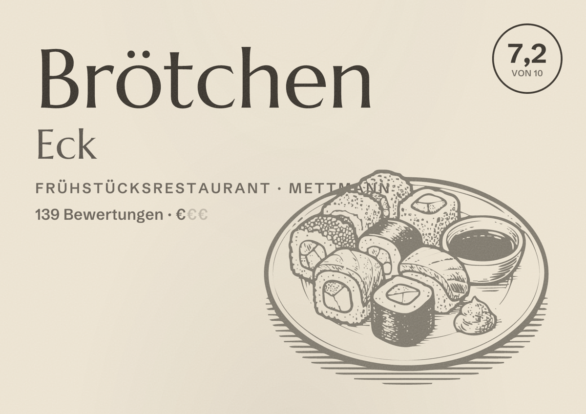 Illustriertes Poster von Brötchen Eck, Frühstücksrestaurant in Mettmann: Bewertung 7,2 von 10 aus 139 Bewertungen, Preisniveau €
